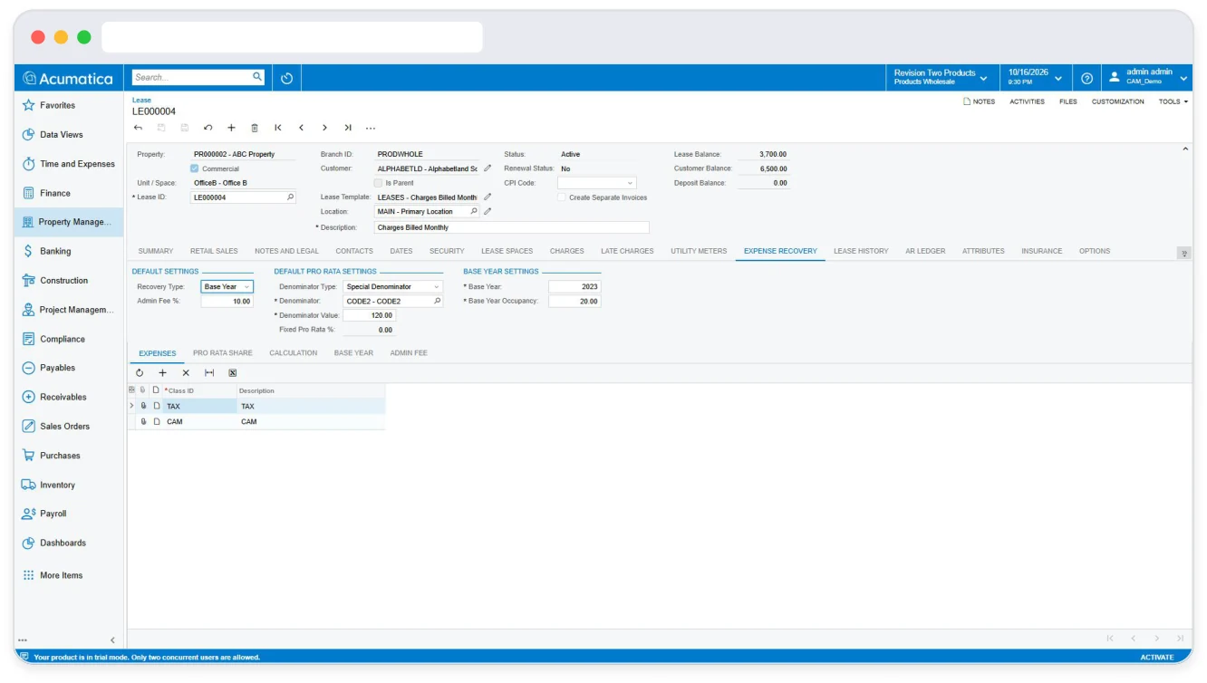 Acumatica lease screen showing property, tenant and expense recovery settings