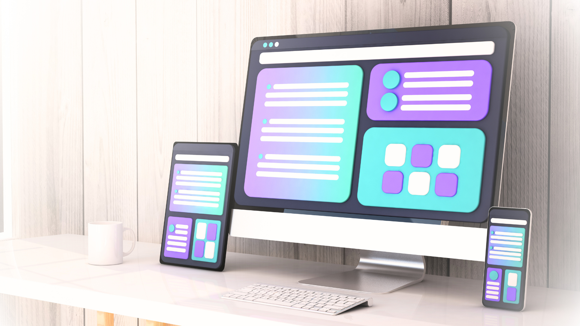 Mock desktop computer on a wooden desk with a mock-up of a smart tablet and a smartphone